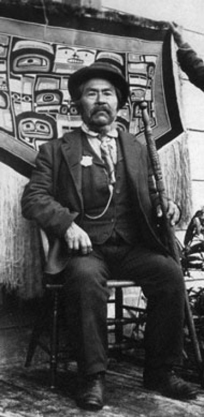 Chief Son-I-Hat (Kóyongxung) of the Yáadaas clan (Eagle moiety), was born in 1829, and was considered one of the wealthiest of the Haida chiefs. Although Son-I-Hat is a Tlingit name meaning “well respected," both the Chief and his wife were of Haida descent. The Son-I-Hat family lived in New Kasaan.